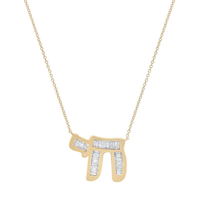 14K Baguette Diamond Chai Necklace