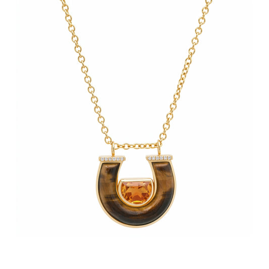 14K YG Medium Citrine, Tiger's Eye and Diamond Horseshoe Necklace