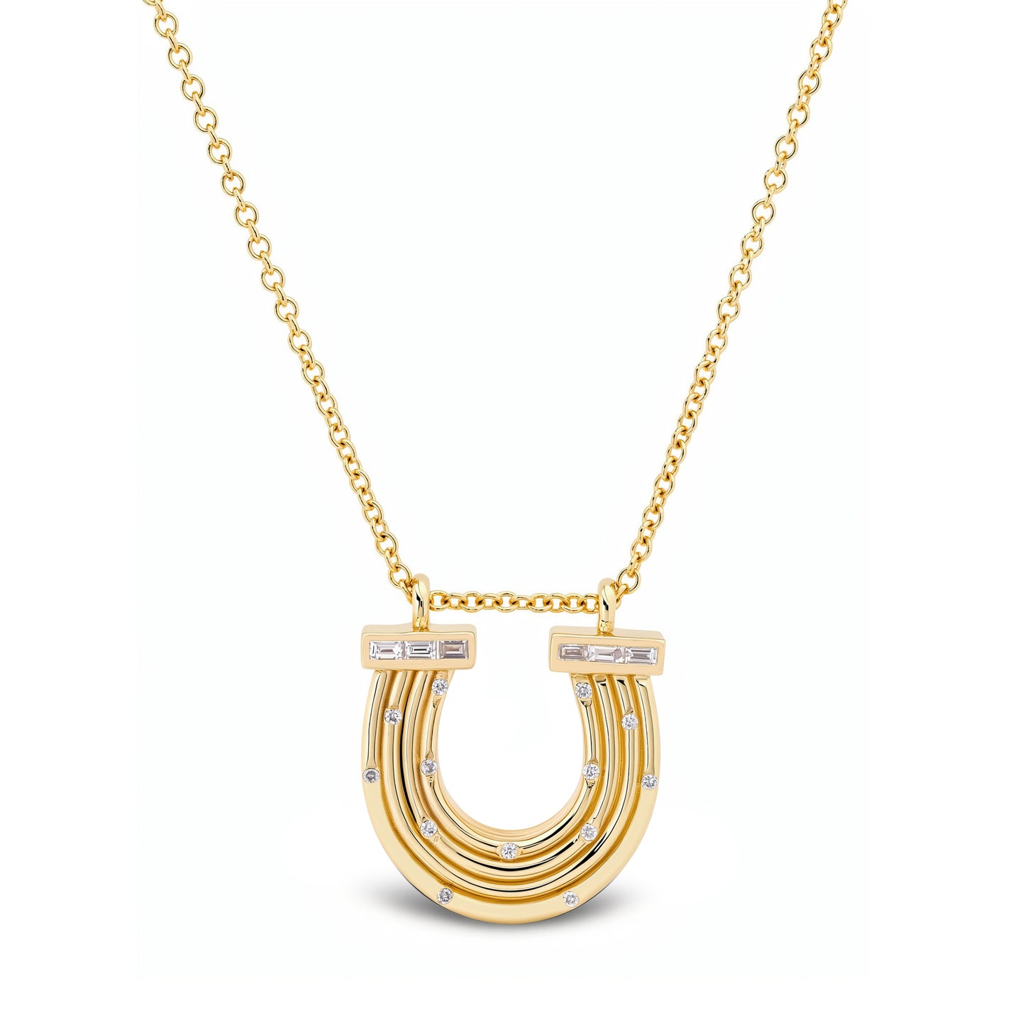 14K YG Reeded Gold And Baguette Diamond Horseshoe Necklace