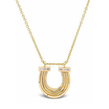 14K YG Reeded Gold And Baguette Diamond Horseshoe Necklace