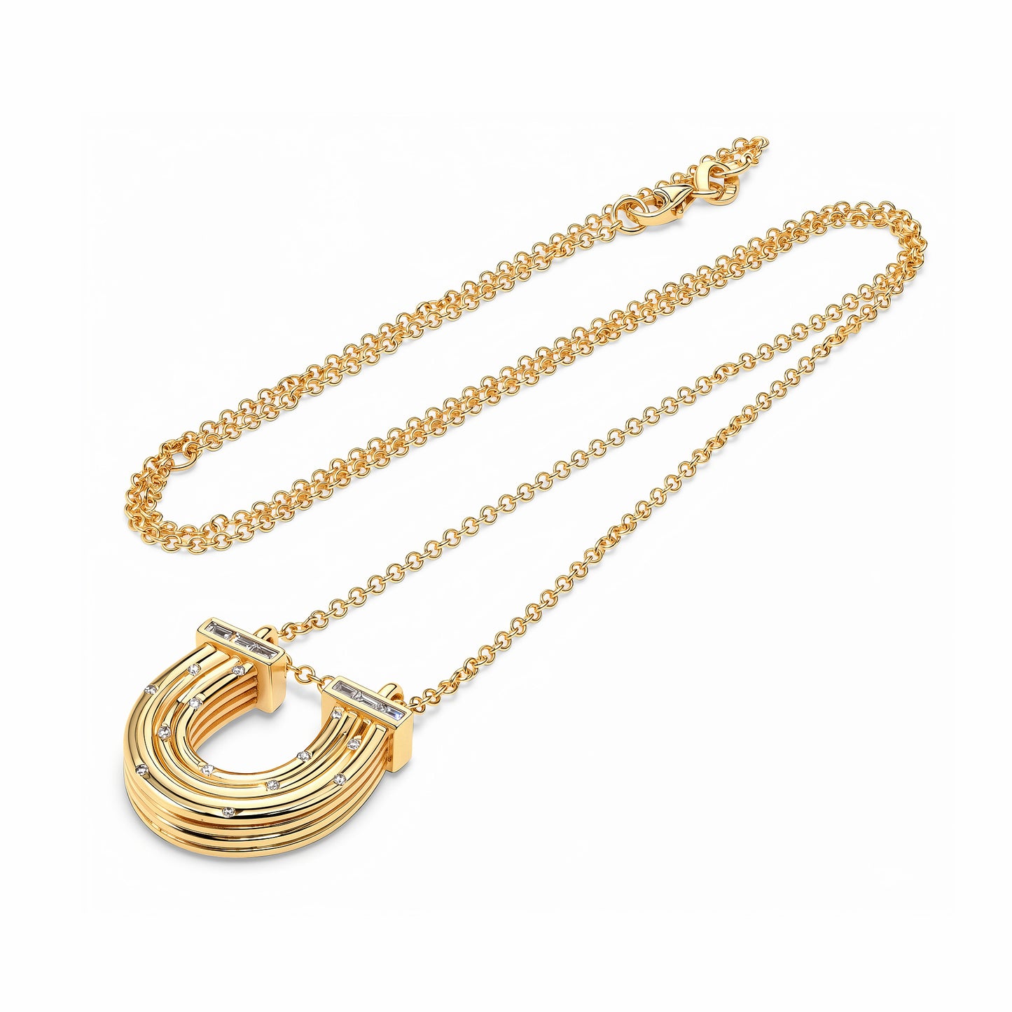 14K YG Reeded Gold And Baguette Diamond Horseshoe Necklace
