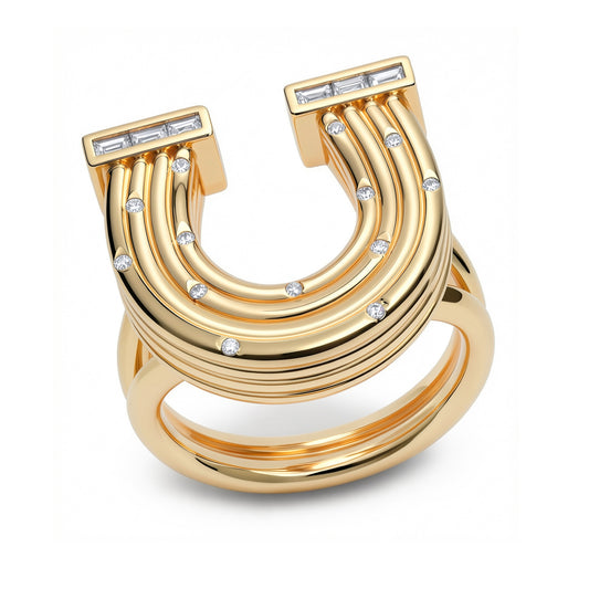 14K YG Reeded Gold And Baguette Diamond Horseshoe Ring