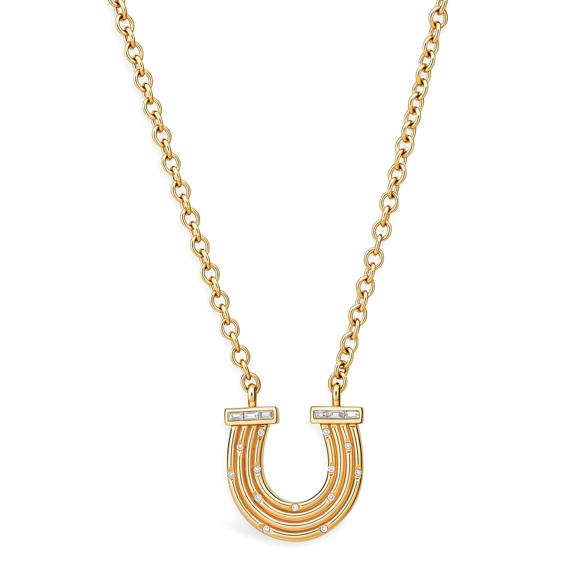14K YG Reeded Gold And Baguette Diamond Horseshoe Necklace