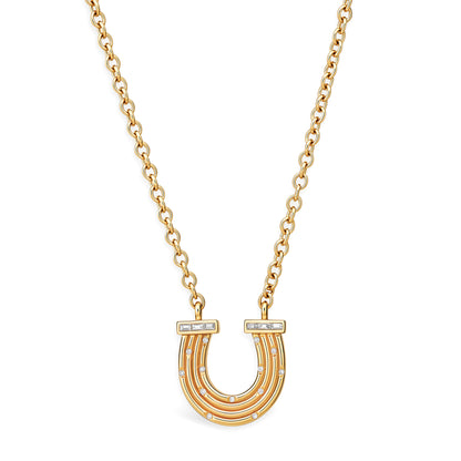14K YG Reeded Gold And Baguette Diamond Horseshoe Necklace