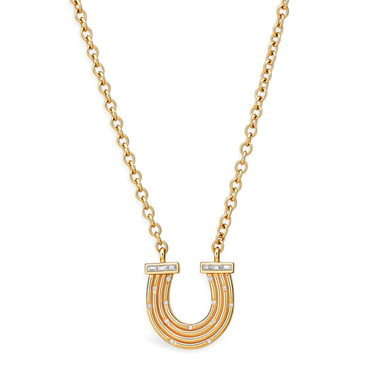 14K YG Reeded Gold And Baguette Diamond Horseshoe Necklace