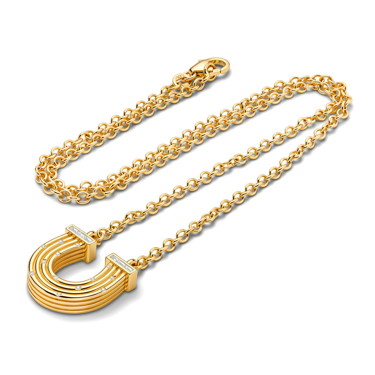 14K YG Reeded Gold And Baguette Diamond Horseshoe Necklace