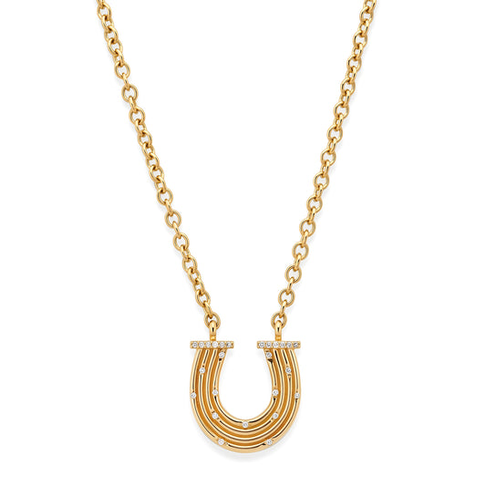 14K YG Reeded Gold And Diamond Horseshoe Necklace
