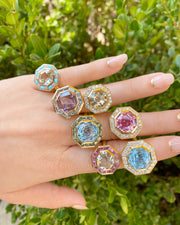 14K YG Green Amethyst, Pink Opal and Turquoise Bia Ring