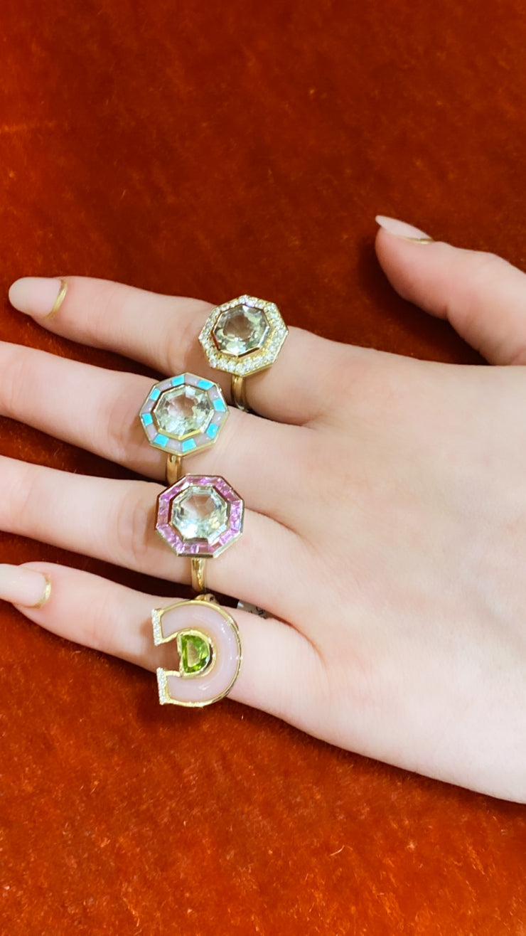 14K YG Peridot, Pink Opal and Diamond Horseshoe Ring
