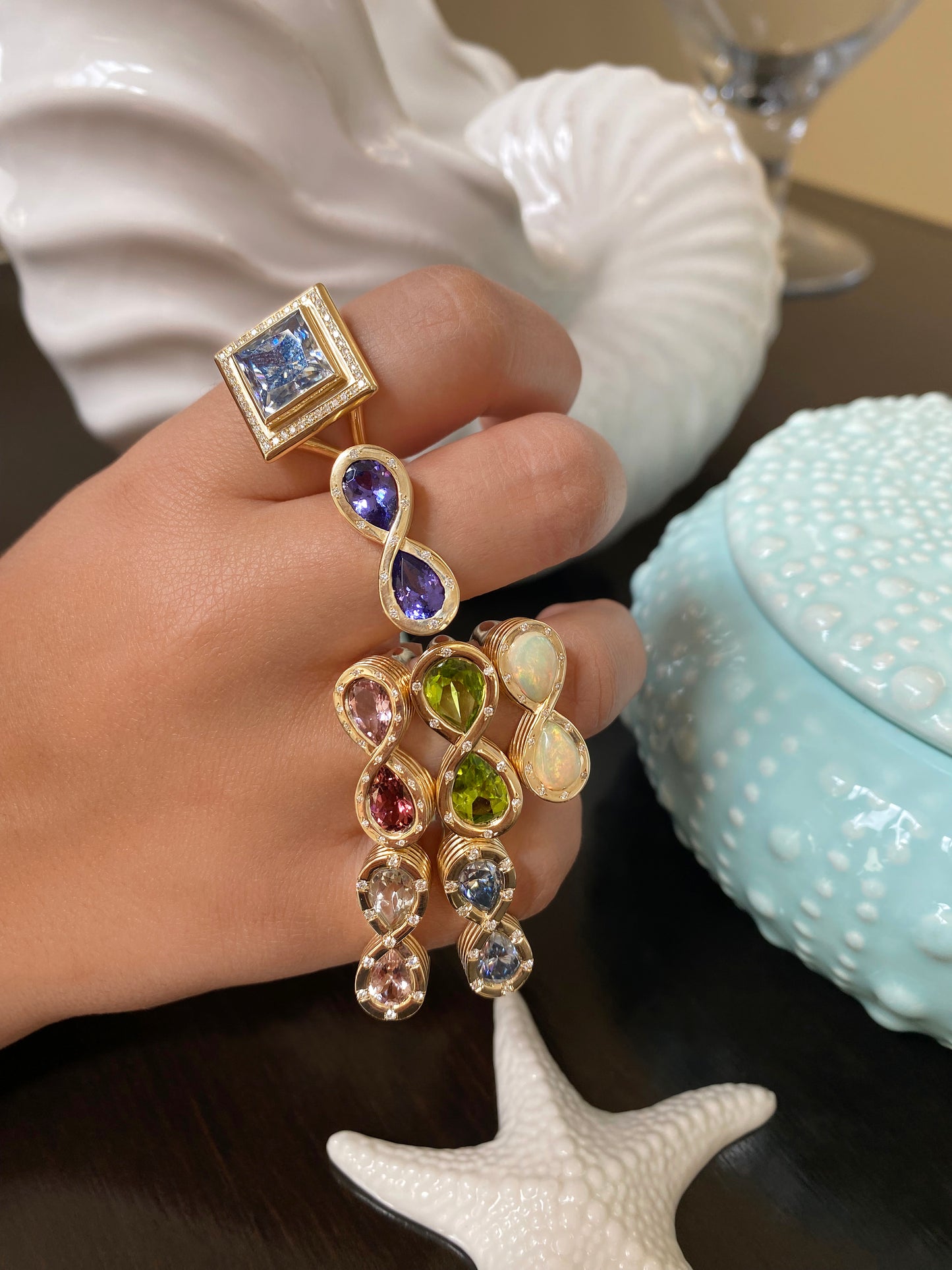 14K YG Green Amethyst, Morganite and Diamond Infinity Ring