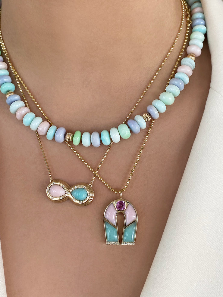 14K YG Pink Opal and Amazonite Diamond Infinity Necklace