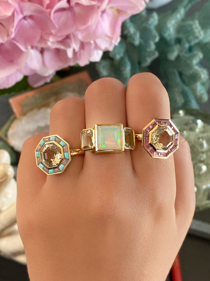 14K YG Green Amethyst and Pink Sapphire Bia Ring
