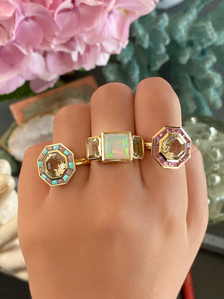 14K YG Green Amethyst, Pink Opal and Turquoise Bia Ring