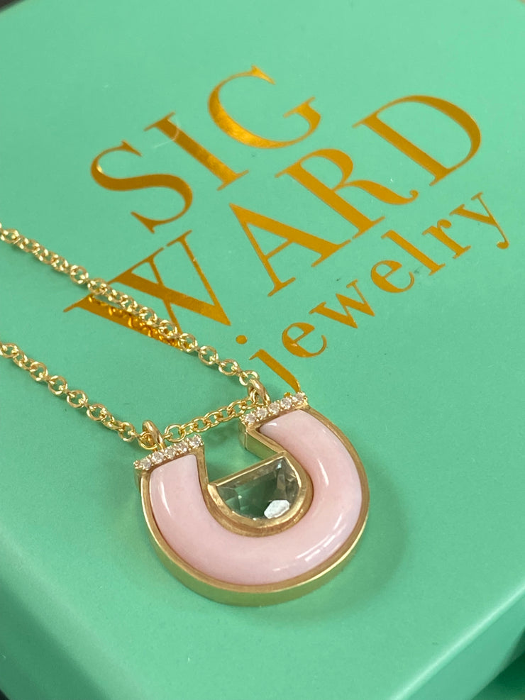 14K YG Green Amethyst, Pink Opal and Diamond Horseshoe Necklace
