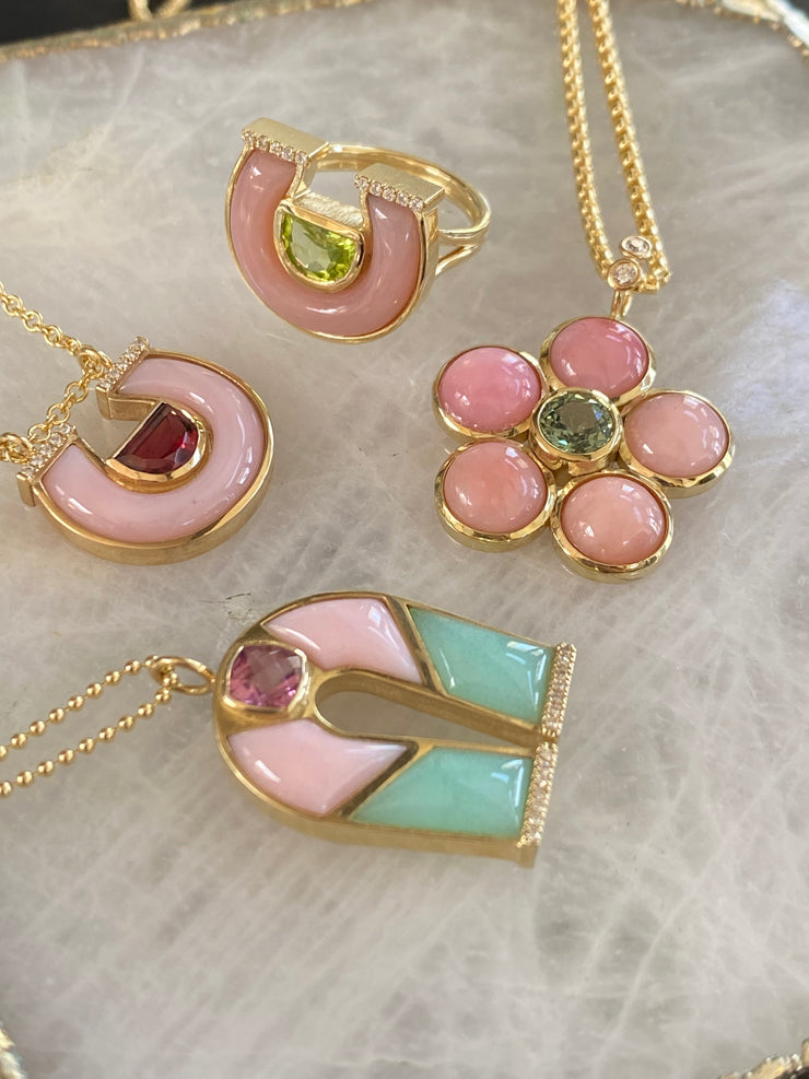14K YG Pink Tourmaline, Pink Opal and Diamond Horseshoe Necklace