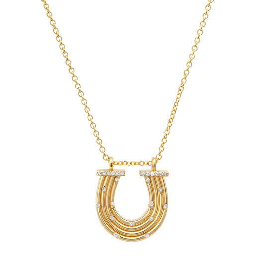 Sig Ward Jewelry 14K yellow gold Reeded Gold horseshoe necklace with scattered diamonds