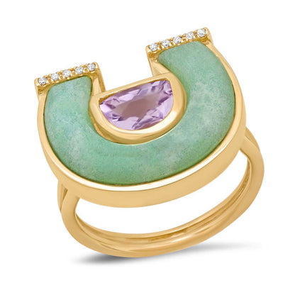 Sig Ward Jewelry 14K yellow gold Amethyst, Chrysoprase and Diamond Horseshoe Ring featuring vibrant amethyst, natural chrysoprase, and sparkling diamond accents in a modern horseshoe ring design.