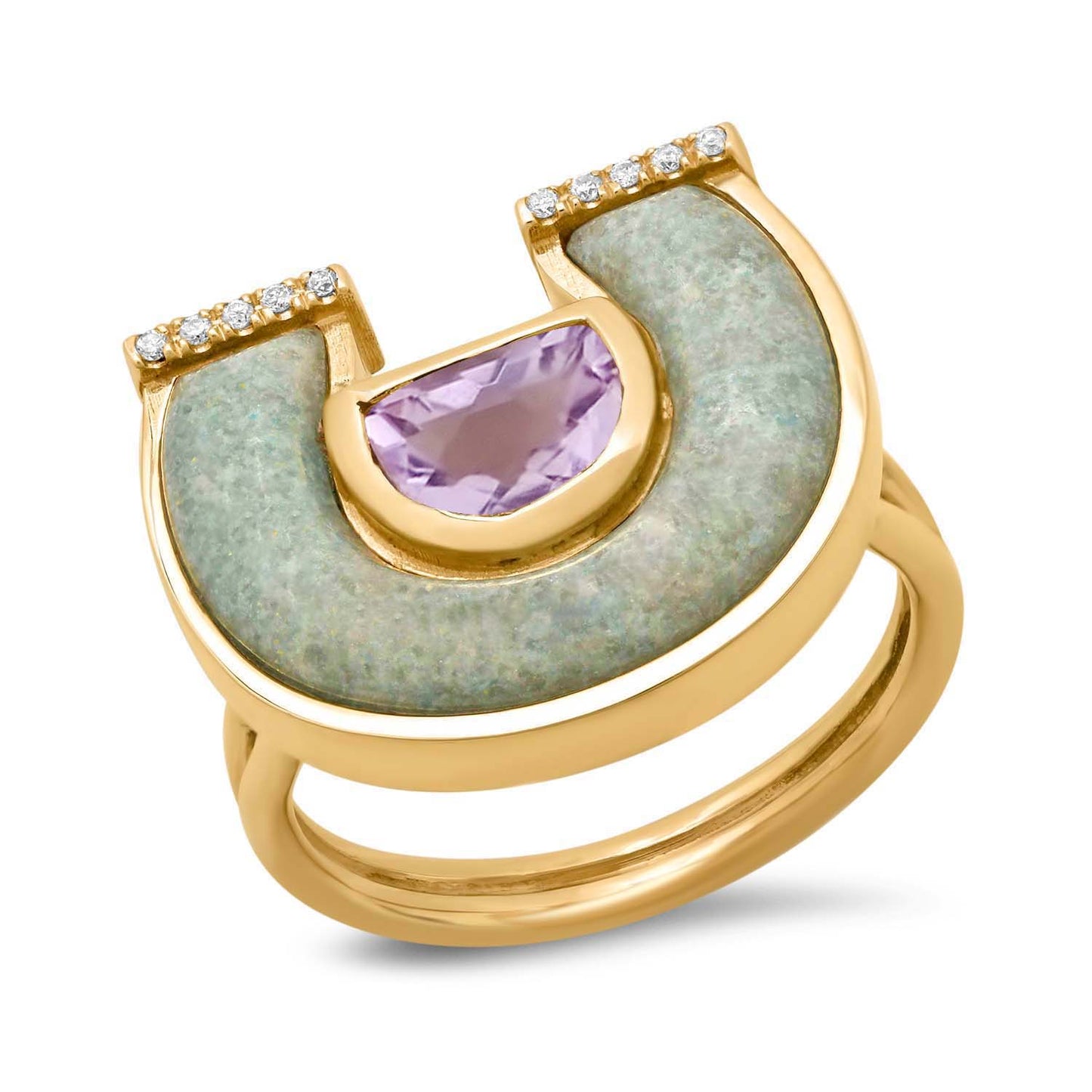 Sig Ward Jewelry 14K yellow gold Amethyst, Trollite and Diamond Horseshoe Ring featuring vibrant amethyst, natural trollite, and sparkling diamond accents in a contemporary horseshoe ring design.