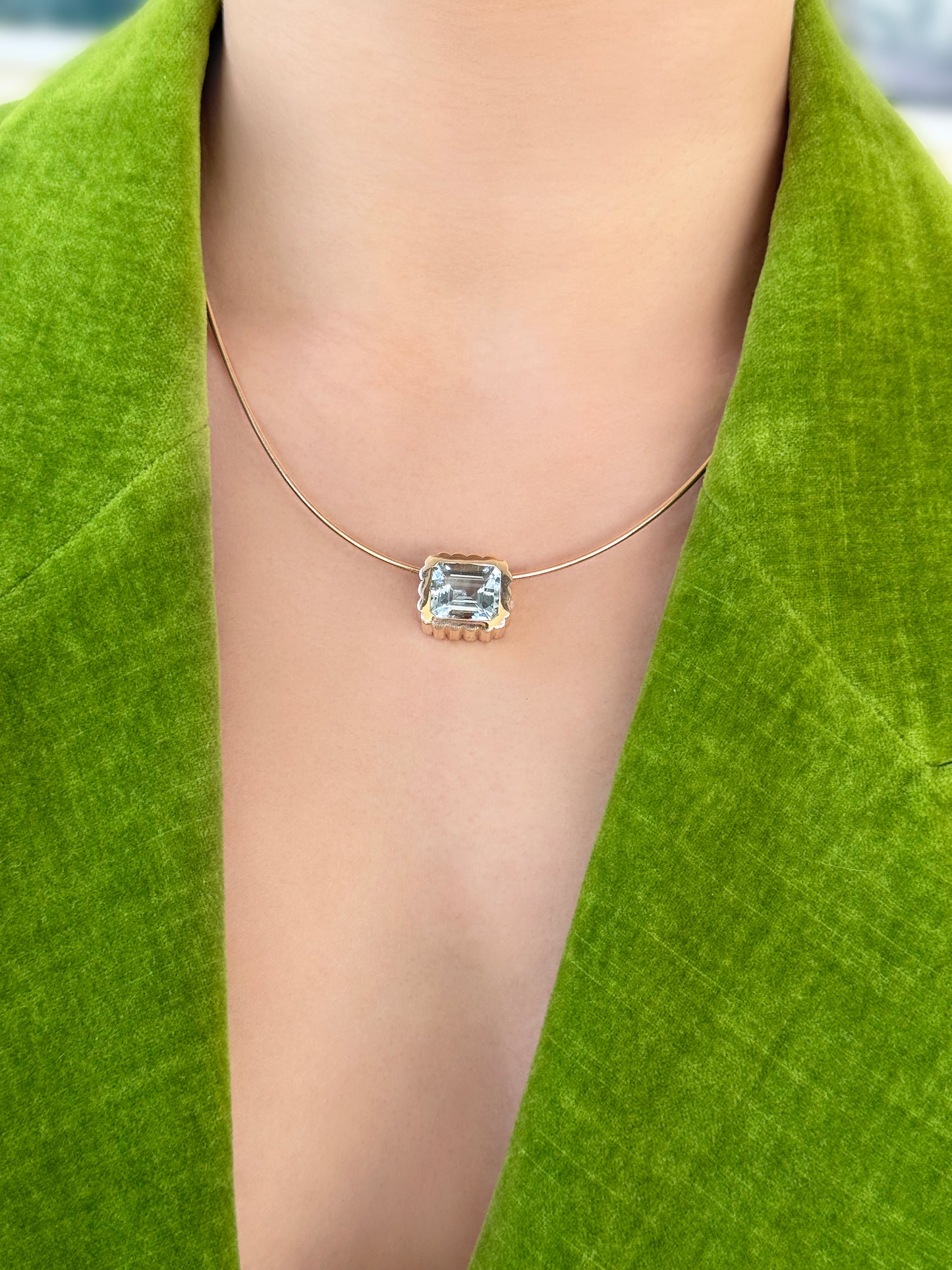 Sig Ward Jewelry 14K YG Aquamarine Omega Necklace featuring a radiant aquamarine gemstone set in a luxurious yellow gold omega necklace design, showcasing timeless elegance and refined craftsmanship.