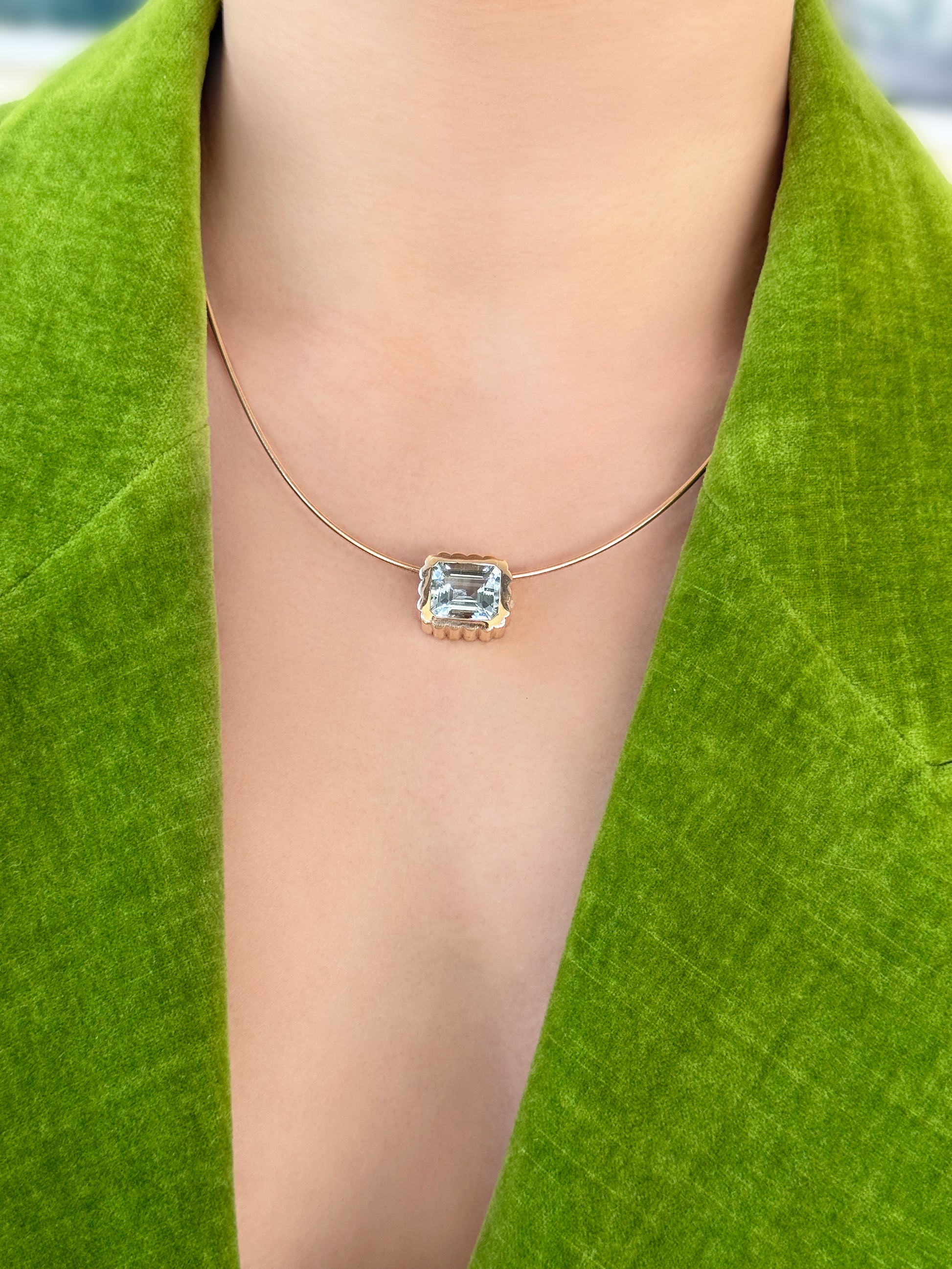 Sig Ward Jewelry 14K YG Aquamarine Omega Necklace featuring a radiant aquamarine gemstone set in a luxurious yellow gold omega necklace design, showcasing timeless elegance and refined craftsmanship.