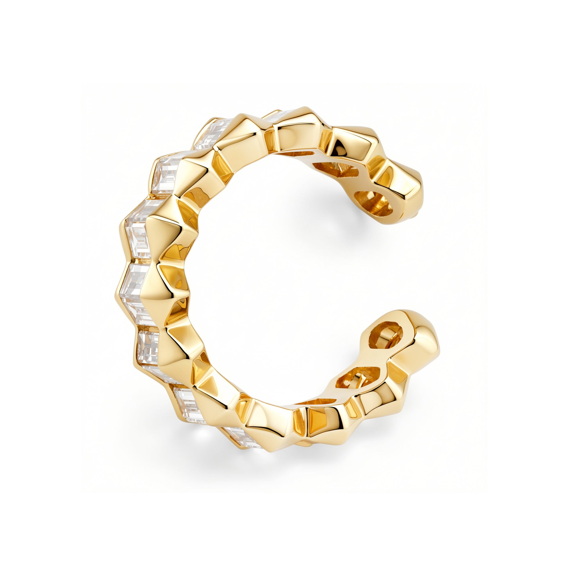 14K yellow gold Cassie baguette diamond ear cuff featuring a sleek modern design with sparkling baguette-cut diamonds set in a polished gold cuff that requires no piercing.