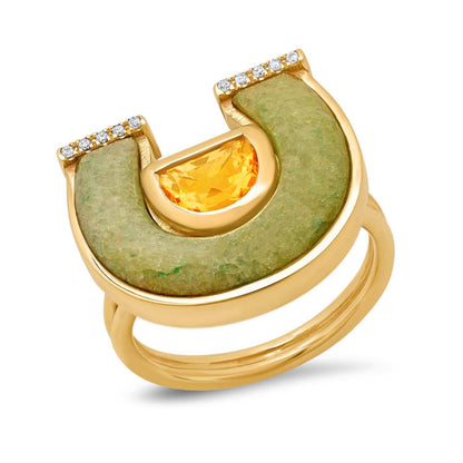Sig Ward Jewelry 14K yellow gold Citrine, Aventurine and Diamond Horseshoe Ring featuring vibrant citrine, natural aventurine, and sparkling diamond accents in a contemporary horseshoe ring design.