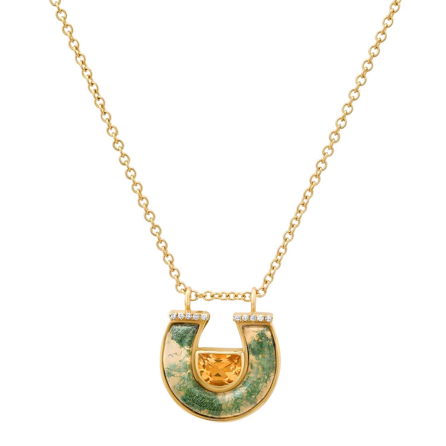 Sig Ward Jewelry 14K yellow gold Citrine, Moss Agate and Diamond Horseshoe Necklace featuring genuine citrine, natural moss agate, and sparkling diamond accents in an elegant horseshoe pendant design.