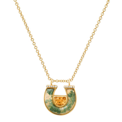 Sig Ward Jewelry 14K yellow gold Citrine, Moss Agate and Diamond Horseshoe Necklace featuring genuine citrine, natural moss agate, and sparkling diamond accents in an elegant horseshoe pendant design.