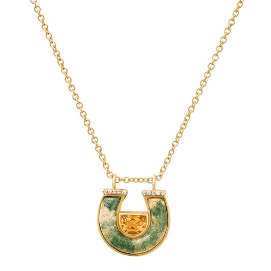 Sig Ward Jewelry 14K yellow gold Citrine, Moss Agate and Diamond Horseshoe Necklace featuring genuine citrine, natural moss agate, and sparkling diamond accents in an elegant horseshoe pendant design.