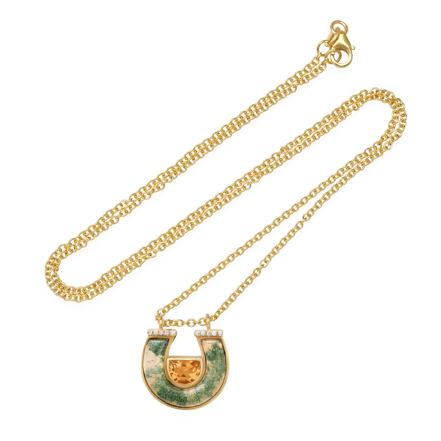 Sig Ward Jewelry 14K yellow gold Citrine, Moss Agate and Diamond Horseshoe Necklace featuring vibrant citrine, natural moss agate, and sparkling diamond accents in a contemporary horseshoe pendant design.