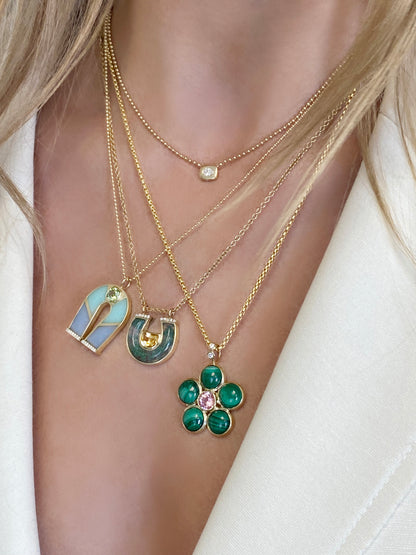 Sig Ward Jewelry 14K yellow gold Citrine, Moss Agate and Diamond Horseshoe Necklace featuring a vibrant citrine, natural moss agate, and sparkling diamonds in a modern horseshoe pendant.