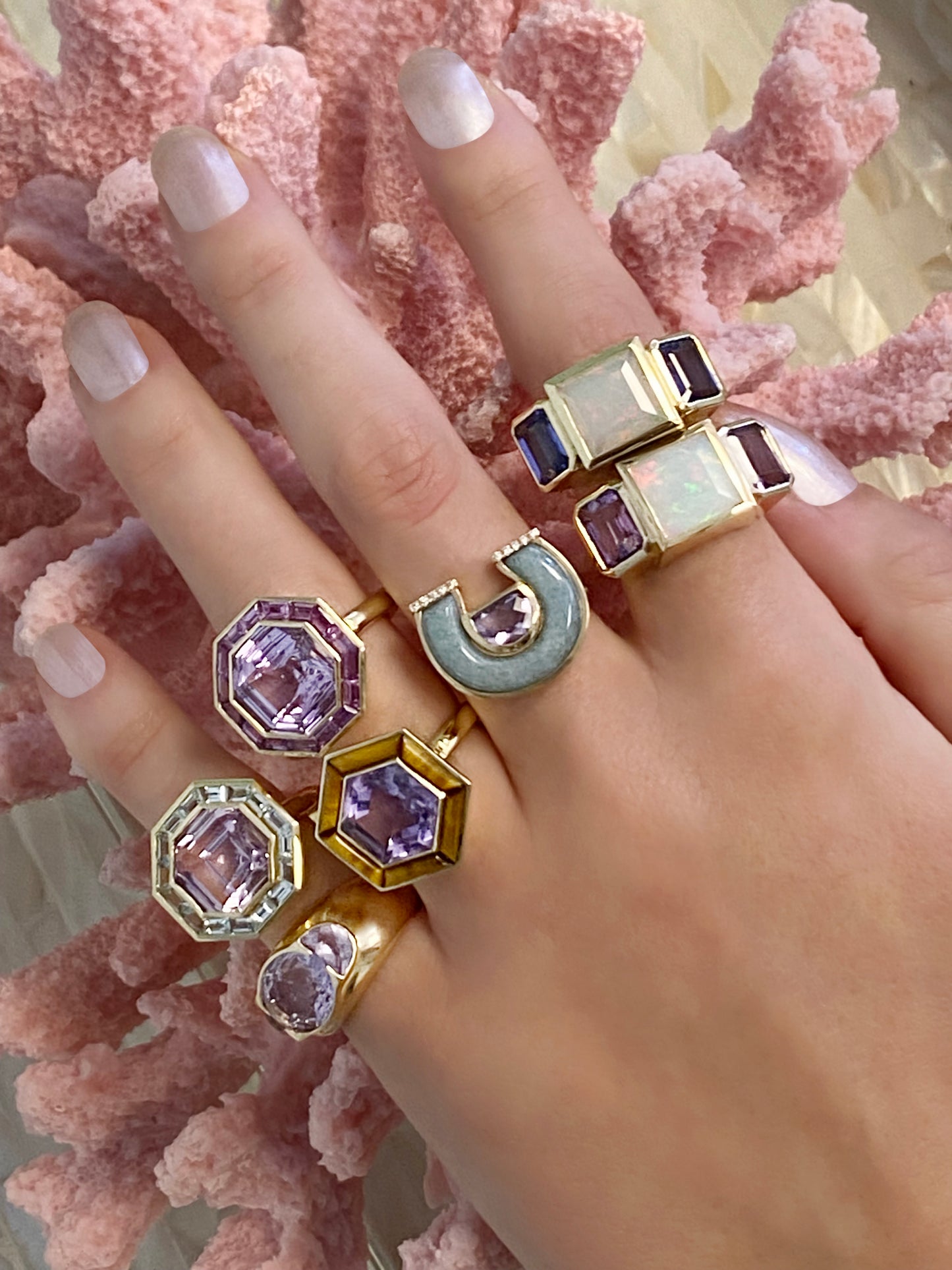 Sig Ward Jewelry 14K yellow gold Ethiopian Opal and Amethyst Trilogy Ring featuring a luminous Ethiopian opal, vibrant amethyst gemstones, and a timeless three-stone fine jewelry design.