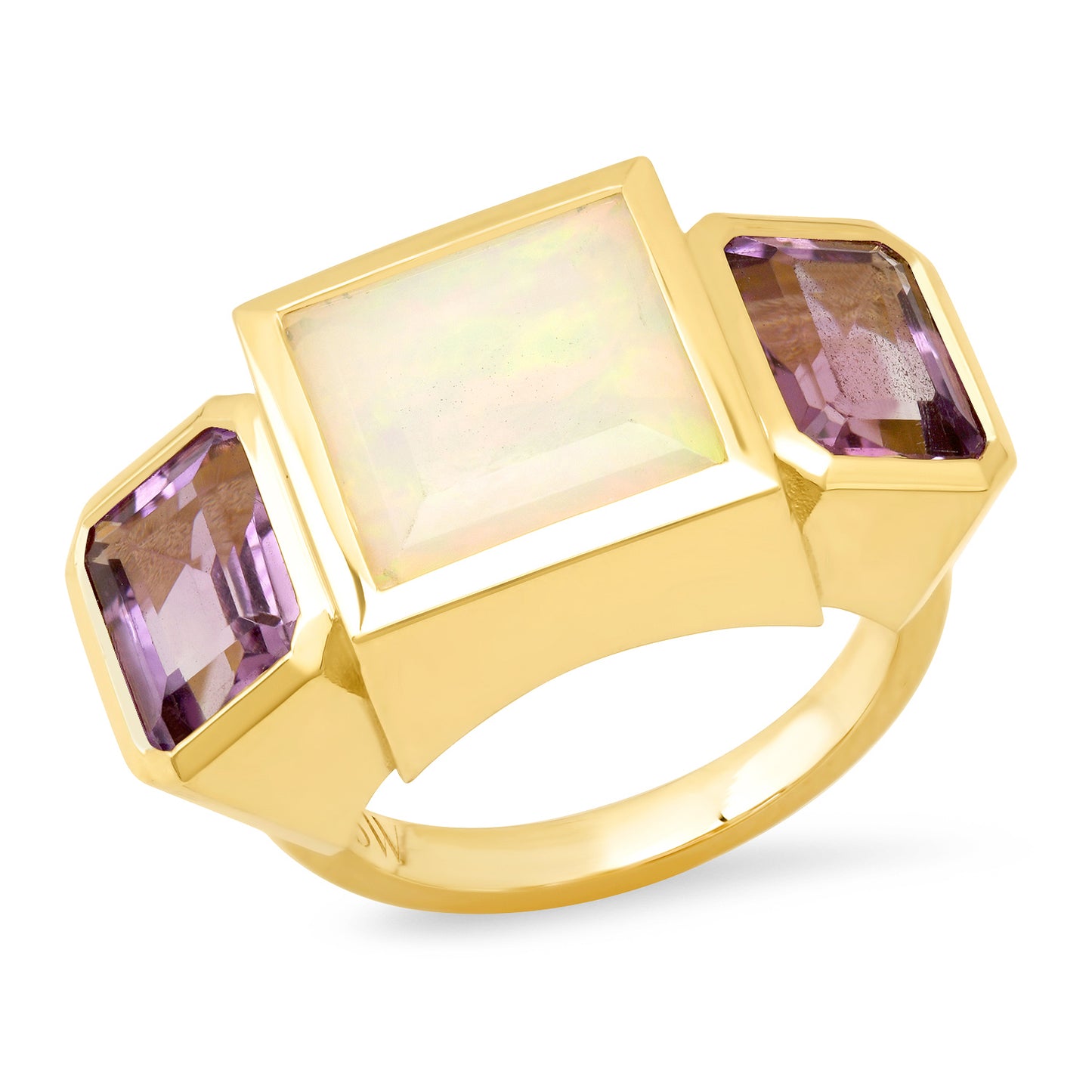 Sig Ward Jewelry 14K yellow gold Ethiopian Opal and Amethyst Trilogy Ring featuring a luminous Ethiopian opal and vibrant amethyst gemstones in an elegant three-stone ring design.