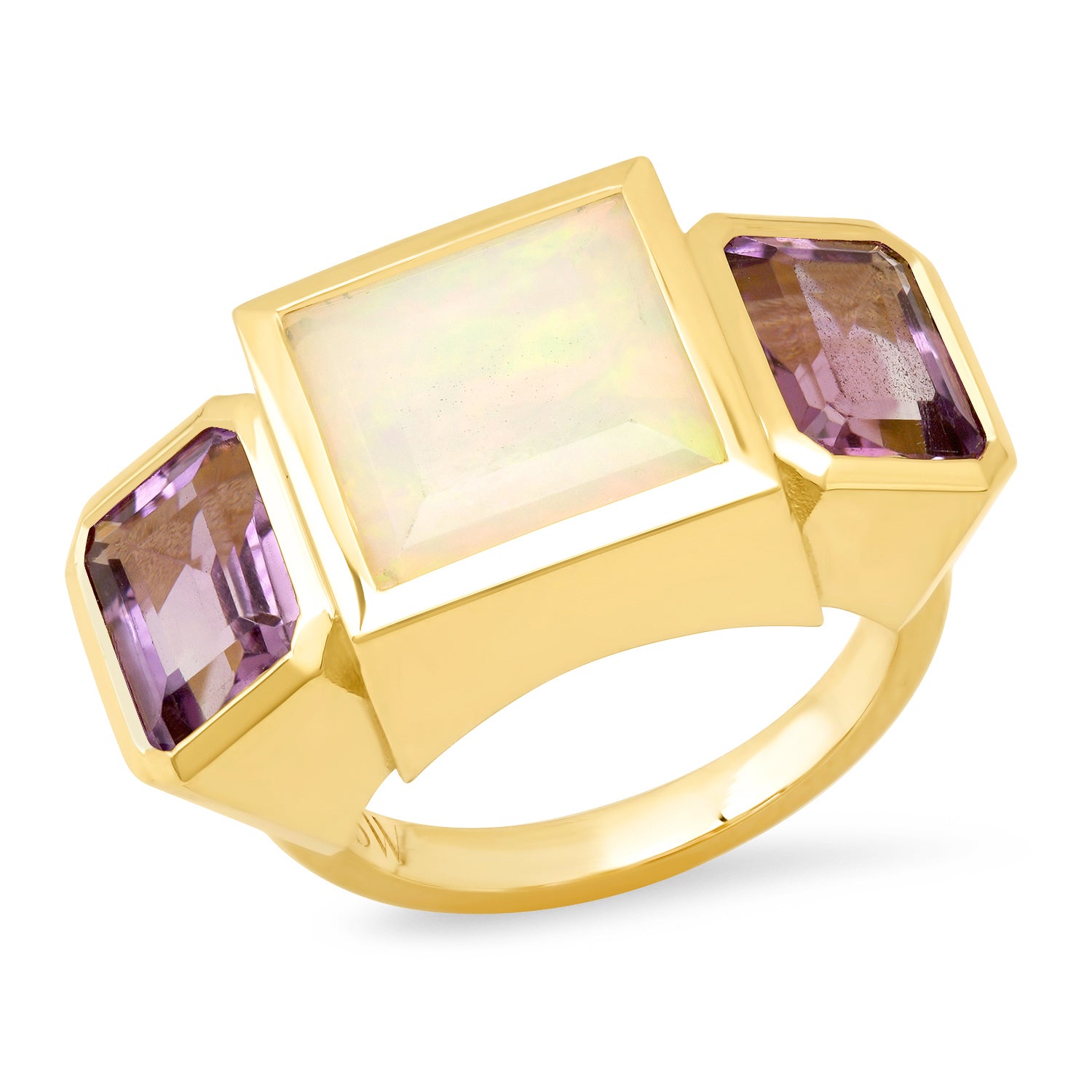 Sig Ward Jewelry 14K yellow gold Ethiopian Opal and Amethyst Trilogy Ring featuring a luminous Ethiopian opal and vibrant amethyst gemstones in an elegant three-stone ring design.
