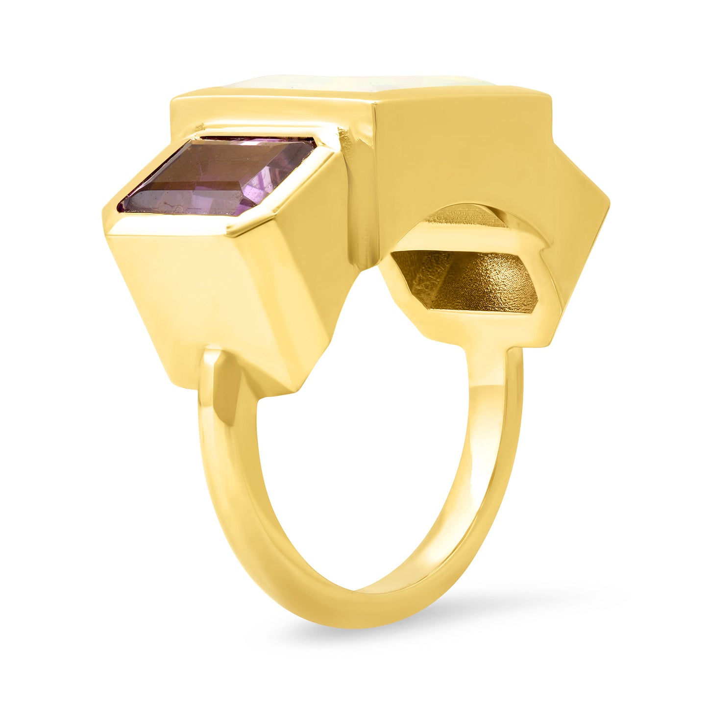 Sig Ward Jewelry 14K yellow gold Ethiopian Opal and Amethyst Trilogy Ring featuring a luminous Ethiopian opal and vibrant amethyst gemstones in an elegant three-stone ring design.