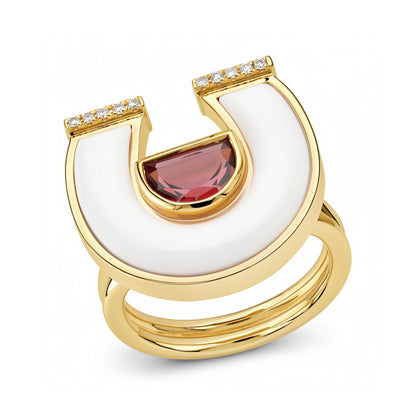14K yellow gold horseshoe ring, front view, featuring rich garnet and white agate gemstones accented with sparkling round diamonds in a polished horseshoe design.

