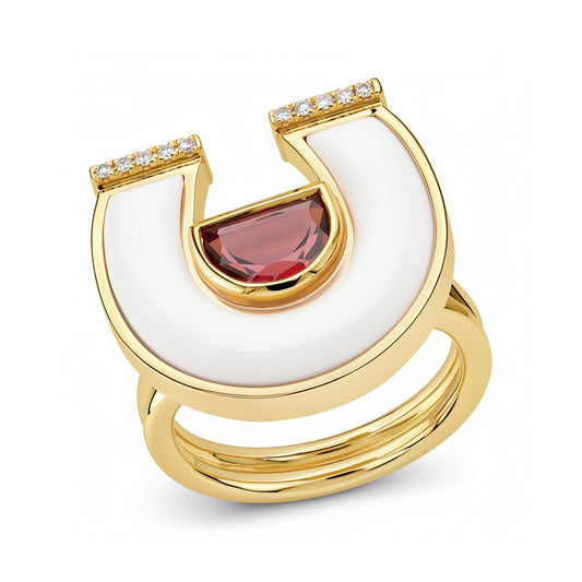 14K yellow gold horseshoe ring, front view, featuring rich garnet and white agate gemstones accented with sparkling round diamonds in a polished horseshoe design.

