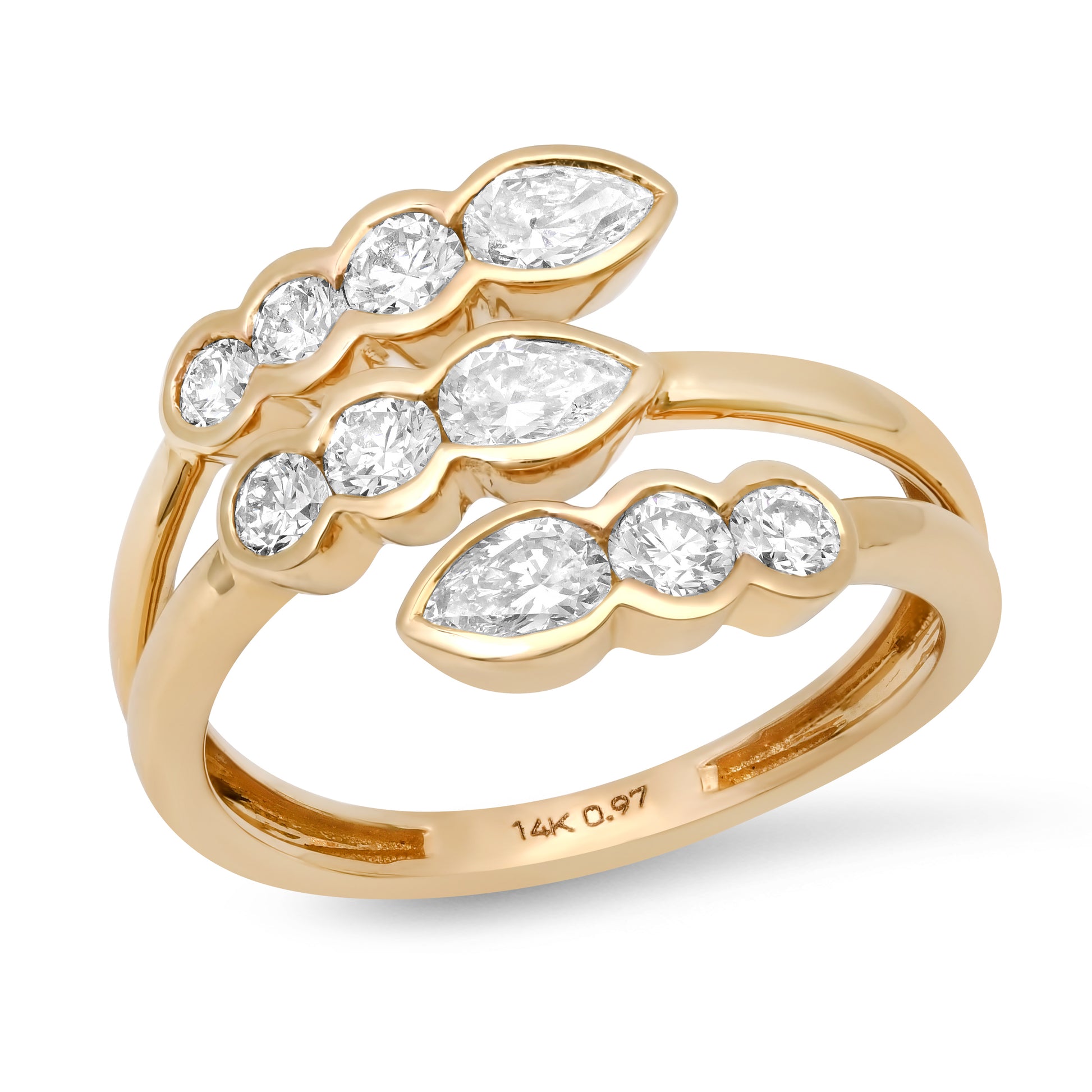 14K yellow gold Sig Ward Jewelry Inez criss-cross diamond ring featuring intersecting polished gold bands accented with round brilliant diamonds in a modern crossover design.