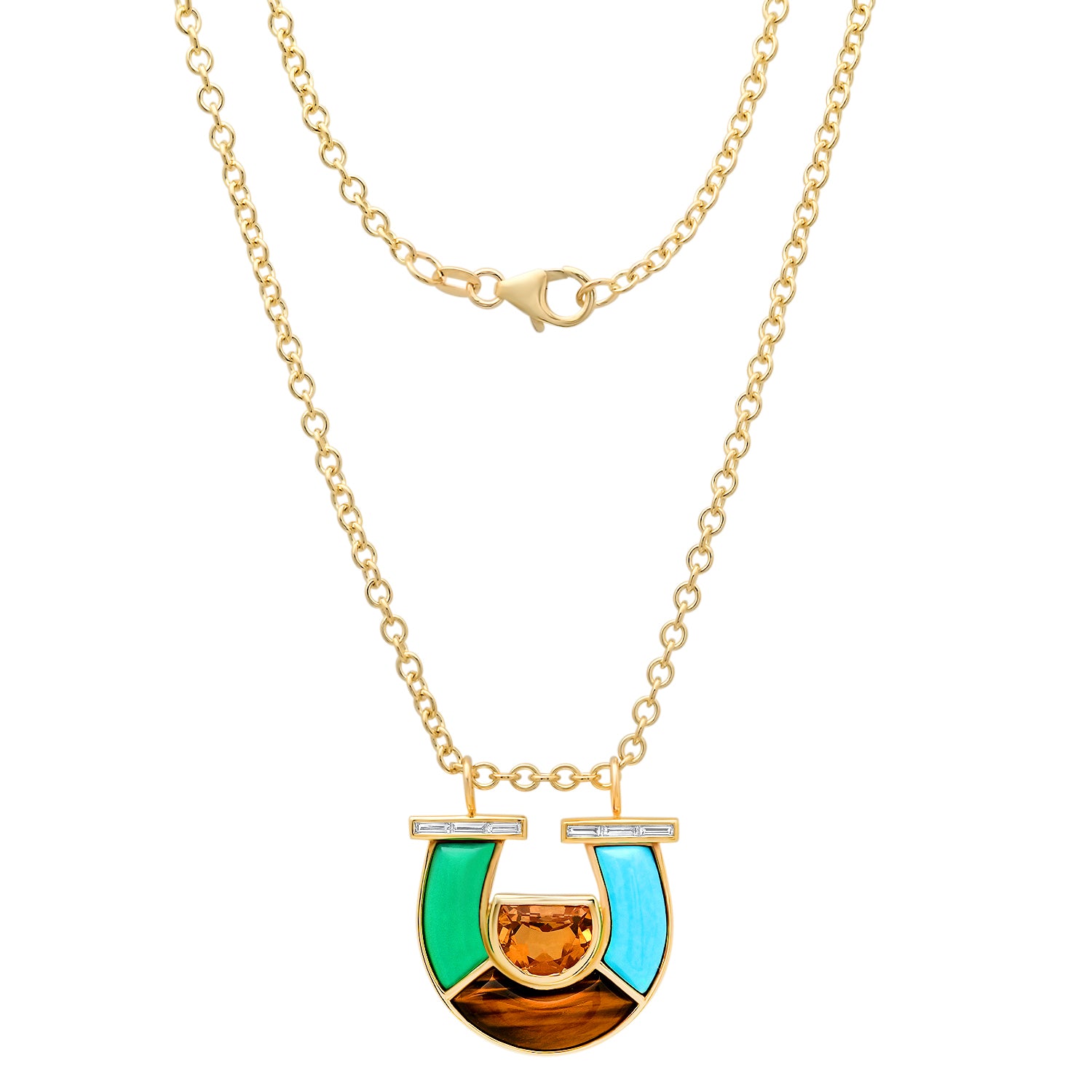 Sig Ward Jewelry 14K YG Jumbo Citrine, Chrysoprase, Tiger's Eye, Turquoise and Baguette Diamond Horseshoe Necklace featuring vibrant citrine, chrysoprase, tiger's eye, and turquoise gemstones with baguette diamond accents in a luxurious yellow gold horseshoe pendant design.