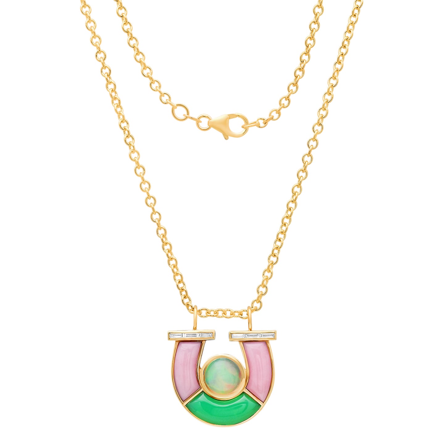 Sig Ward Jewelry 14K YG Jumbo Opal, Chrysoprase, Pink Opal and Baguette Diamond Horseshoe Necklace featuring vibrant opal gemstones, chrysoprase accents, and baguette diamond details set in a luxurious yellow gold horseshoe pendant design.