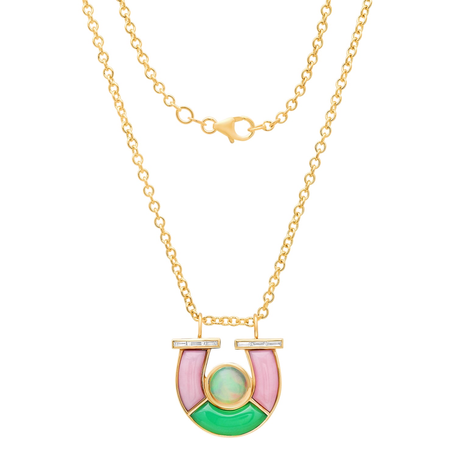 Sig Ward Jewelry 14K YG Jumbo Opal, Chrysoprase, Pink Opal and Baguette Diamond Horseshoe Necklace featuring vibrant opal gemstones, chrysoprase accents, and baguette diamond details set in a luxurious yellow gold horseshoe pendant design.