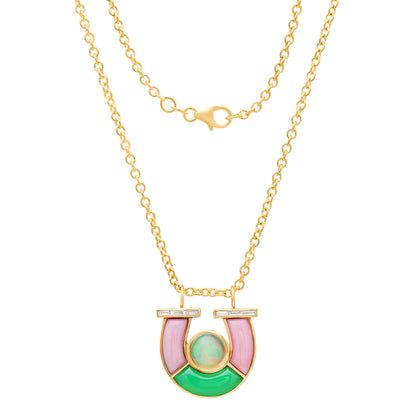 Sig Ward Jewelry 14K YG Jumbo Opal, Chrysoprase, Pink Opal and Baguette Diamond Horseshoe Necklace featuring vibrant opal gemstones, chrysoprase accents, and baguette diamond details set in a luxurious yellow gold horseshoe pendant design.