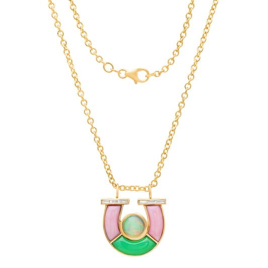 Sig Ward Jewelry 14K YG Jumbo Opal, Chrysoprase, Pink Opal and Baguette Diamond Horseshoe Necklace featuring vibrant opal gemstones, chrysoprase accents, and baguette diamond details set in a luxurious yellow gold horseshoe pendant design.