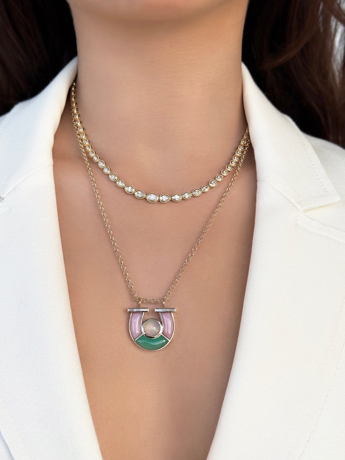 Sig Ward Jewelry 14K YG Jumbo Opal, Chrysoprase, Pink Opal and Baguette Diamond Horseshoe Necklace featuring vibrant opal gemstones, chrysoprase accents, and baguette diamond details set in a luxurious yellow gold horseshoe pendant design.