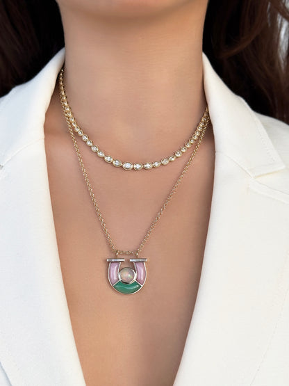 Sig Ward Jewelry 14K YG Jumbo Opal, Chrysoprase, Pink Opal and Baguette Diamond Horseshoe Necklace featuring vibrant opal gemstones, chrysoprase accents, and baguette diamond details set in a luxurious yellow gold horseshoe pendant design.