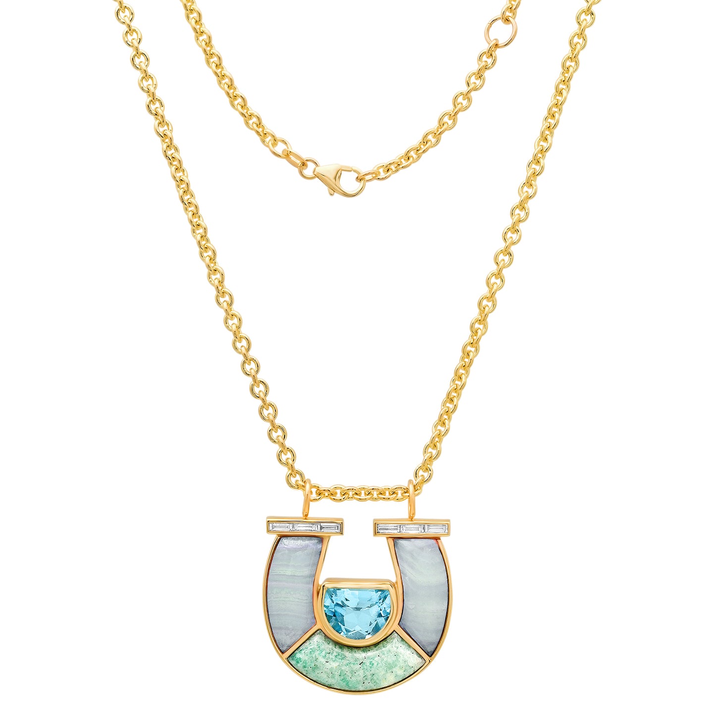 Sig Ward Jewelry 14K YG Jumbo Topaz, Lace Agate, Amazonite and Baguette Diamond Horseshoe Necklace featuring vibrant gemstones with baguette diamond accents set in a luxurious yellow gold horseshoe pendant design.