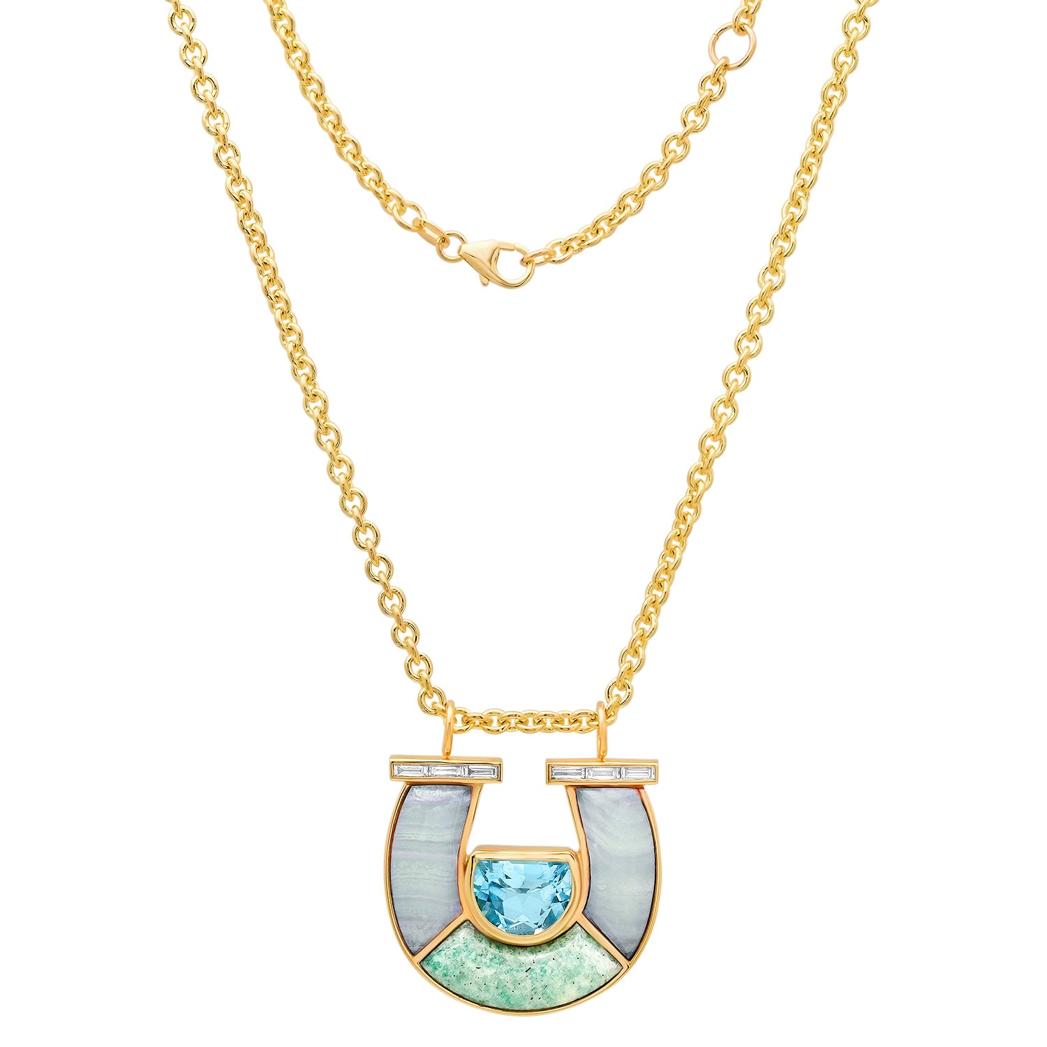 Sig Ward Jewelry 14K YG Jumbo Topaz, Lace Agate, Amazonite and Baguette Diamond Horseshoe Necklace featuring vibrant gemstones with baguette diamond accents set in a luxurious yellow gold horseshoe pendant design.