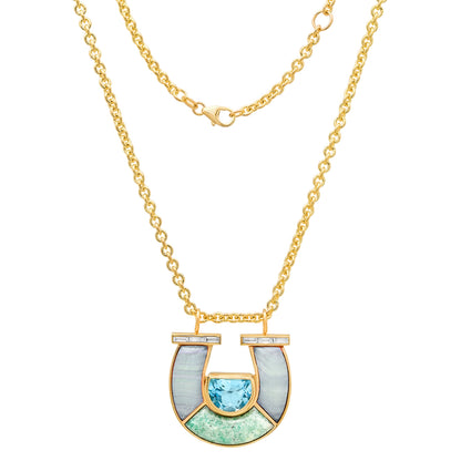 Sig Ward Jewelry 14K YG Jumbo Topaz, Lace Agate, Amazonite and Baguette Diamond Horseshoe Necklace featuring vibrant gemstones with baguette diamond accents set in a luxurious yellow gold horseshoe pendant design.