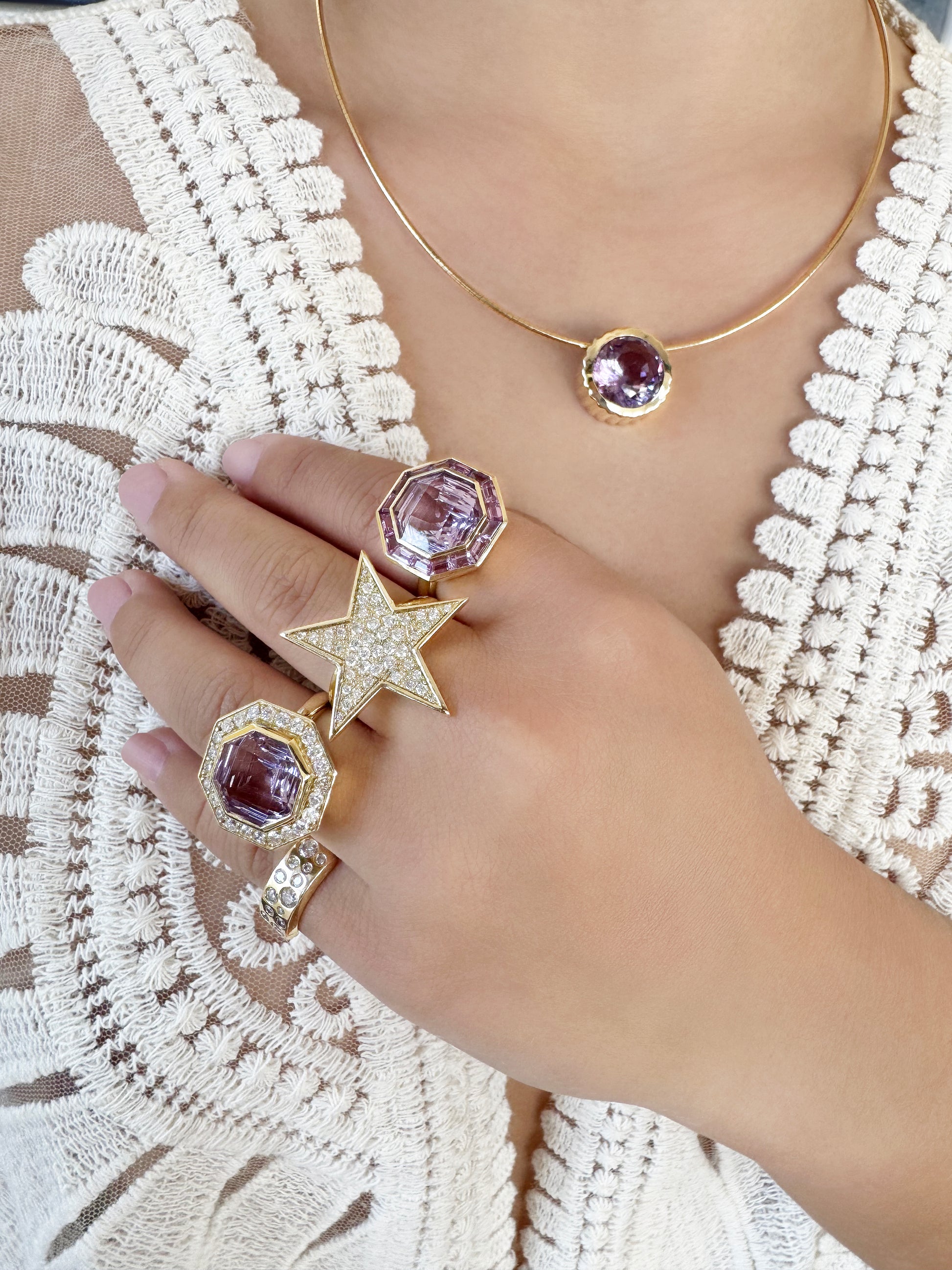 Sig Ward Jewelry 14K YG Rose De France Amethyst Bia Ring and Rose De France Amethyst and Diamond Bia Ring featuring elegant purple amethyst gemstones with refined yellow gold settings and sparkling diamond accents.