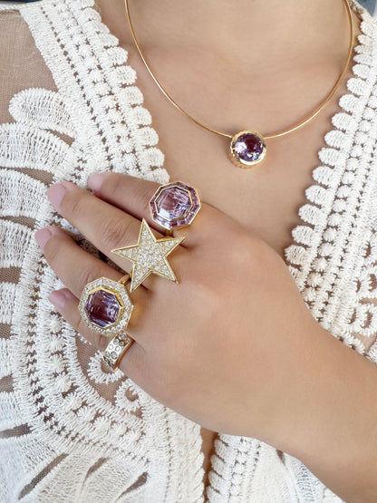 Sig Ward Jewelry 14K YG Rose De France Amethyst Bia Ring and Rose De France Amethyst and Diamond Bia Ring featuring elegant purple amethyst gemstones with refined yellow gold settings and sparkling diamond accents.